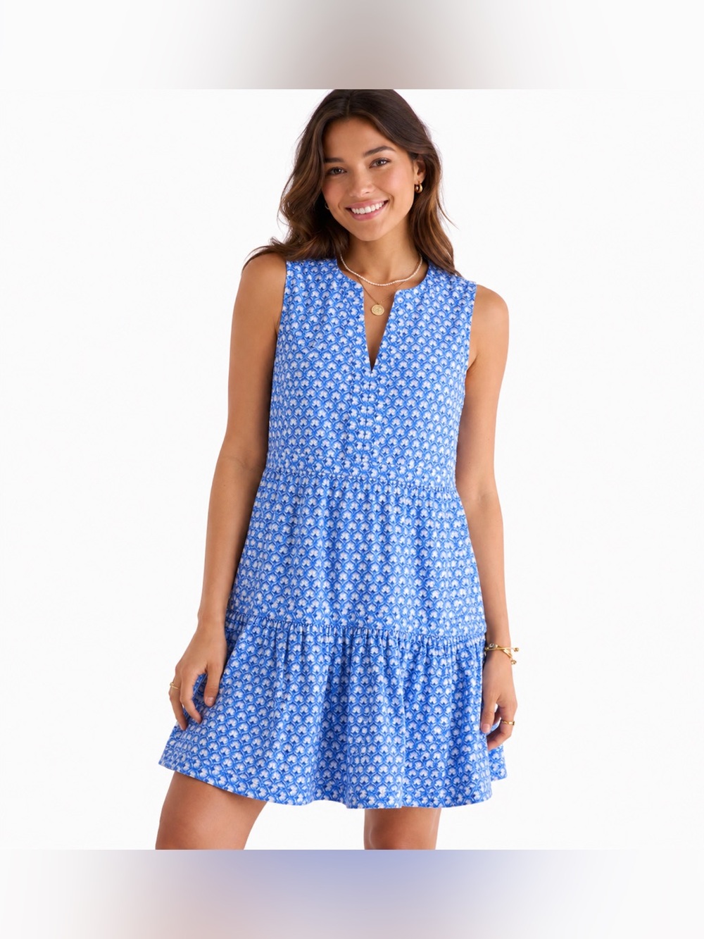 Vineyard Vines Blue White Floral Print Sleeveless Drop Waist Ruffle Hem Dress- L